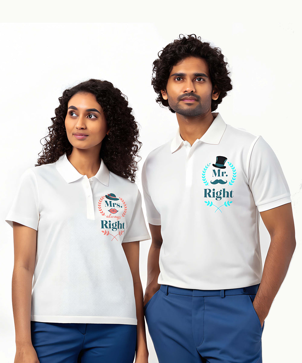 Mr. & Mrs. Right - Couple Collared White T-shirts (Pack of 2)
