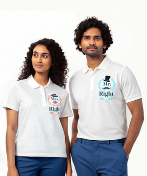 Mr. & Mrs. Right - Couple Collared White T-shirts (Pack of 2)