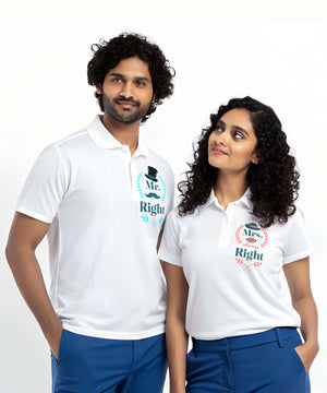 Mr. & Mrs. Right - Couple Collared White T-shirts (Pack of 2)