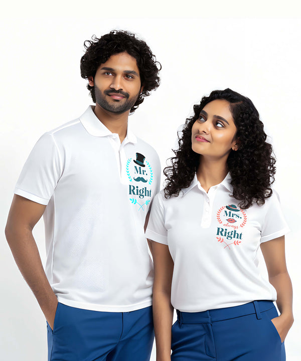Mr. & Mrs. Right - Couple Collared White T-shirts (Pack of 2)