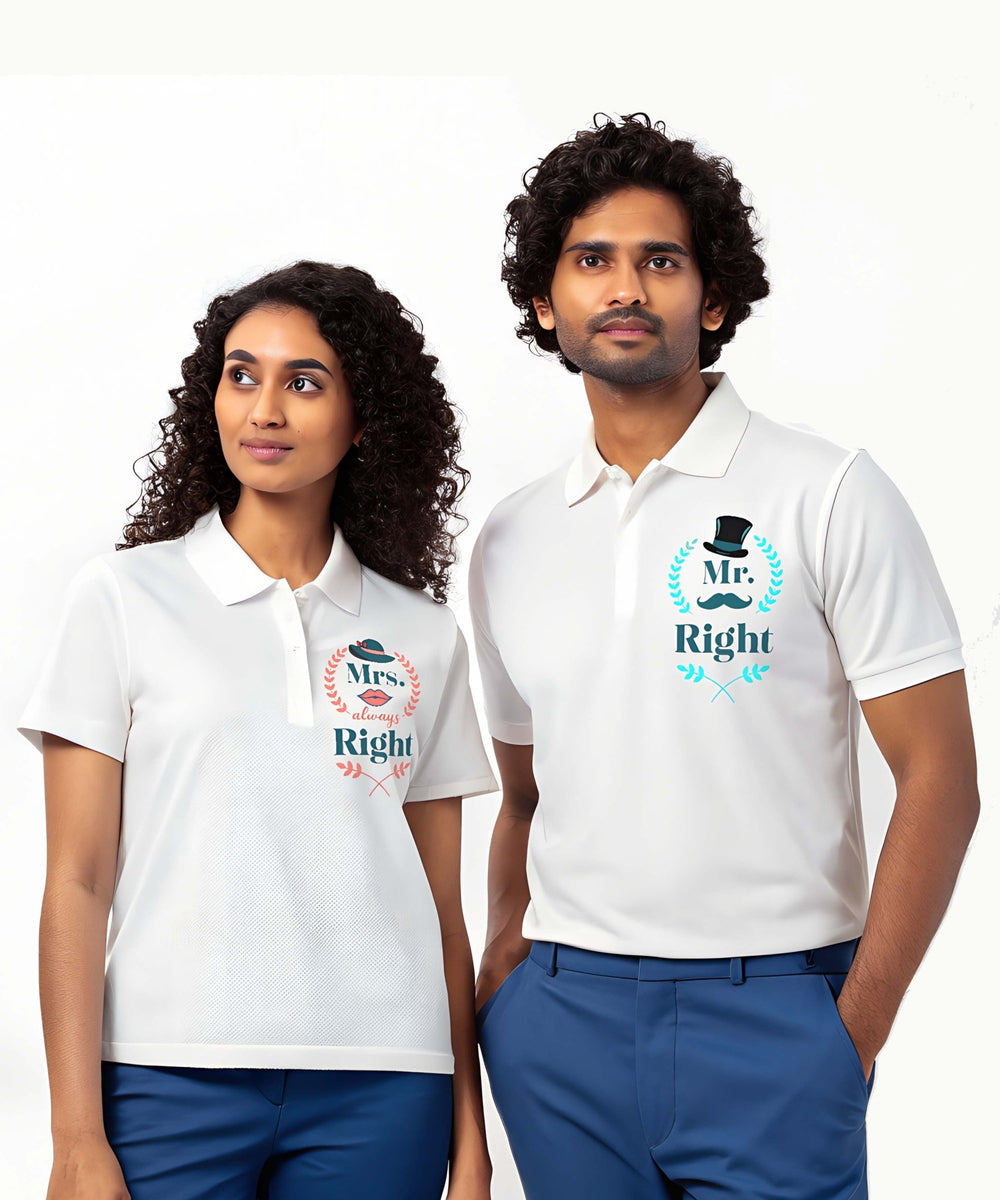 Mr. & Mrs. Right - Couple Collared White T-shirts (Pack of 2) - Letshandcraft