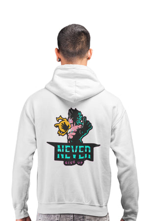 Never Give Up - White Gym Hoodies for Men (Printed on Front and Back, both)