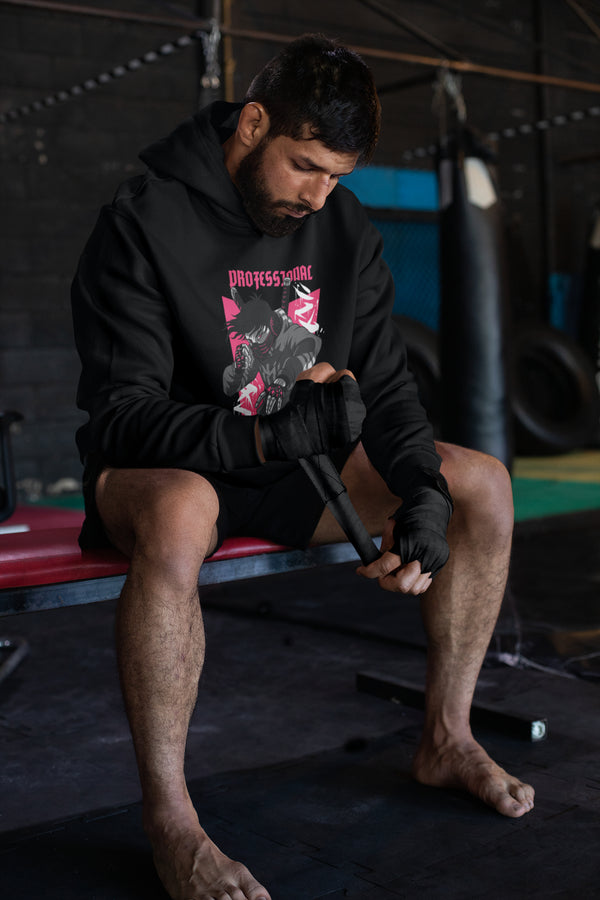 Professional Fighter - Black Gym Hoodies for Men (Printed on Front and Back, both)