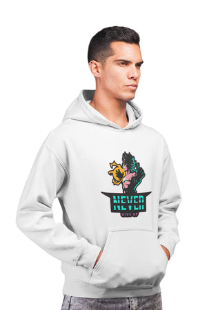Never Give Up - White Gym Hoodies for Men (Printed on Front and Back, both)