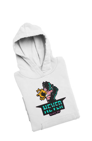 Never Give Up - White Gym Hoodies for Men (Printed on Front and Back, both)