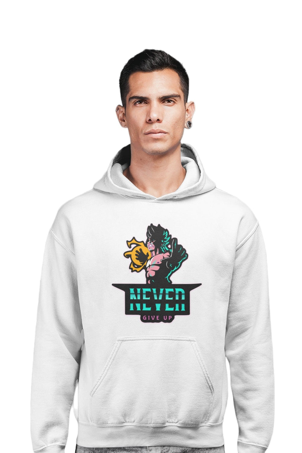 Never Give Up - White Gym Hoodies for Men (Printed on Front and Back, both) - Letshandcraft